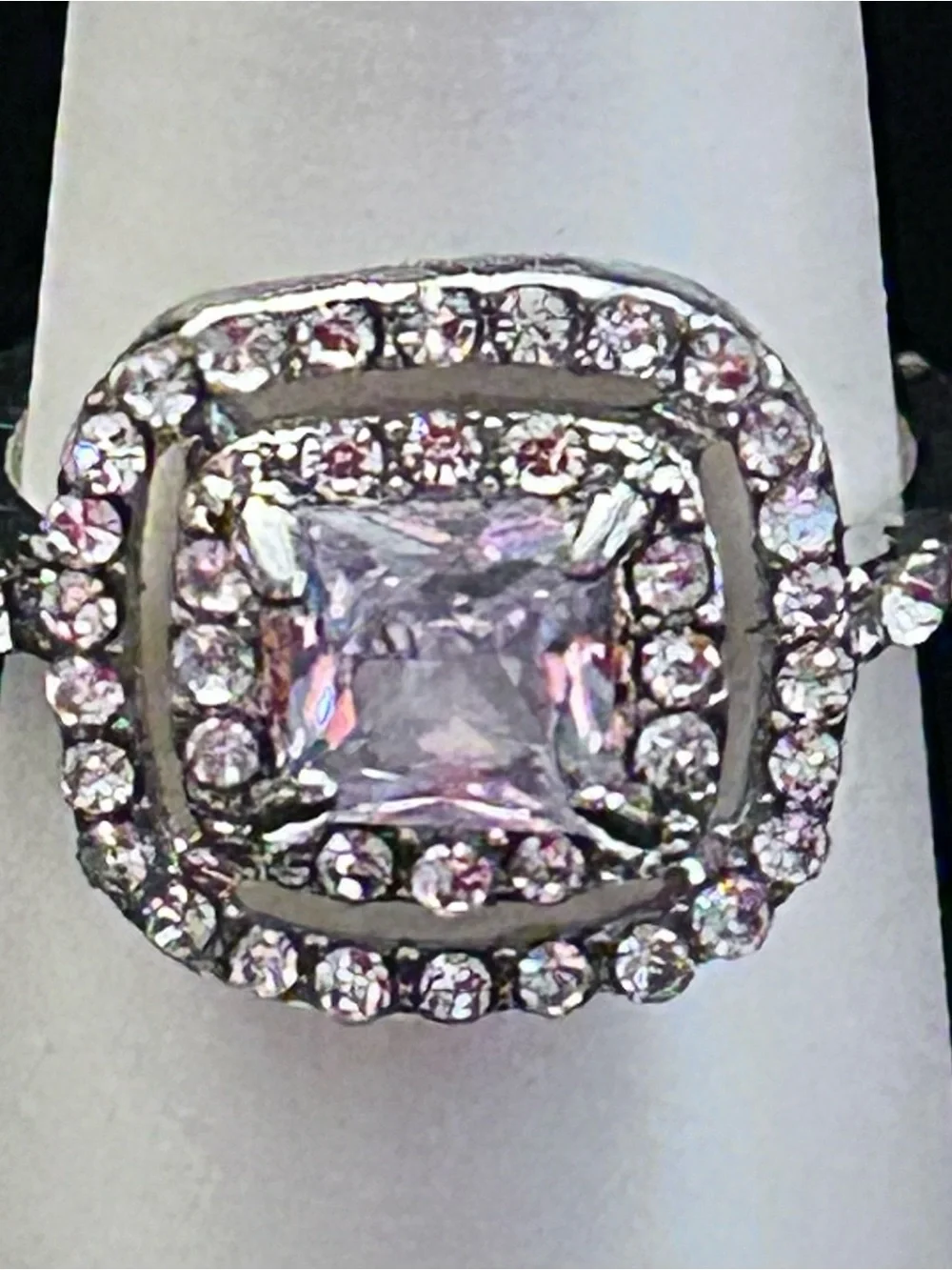Sparkling Clear Cubic Zirconia Square Ring w/ Double Halo in Silver-Tone NWT
